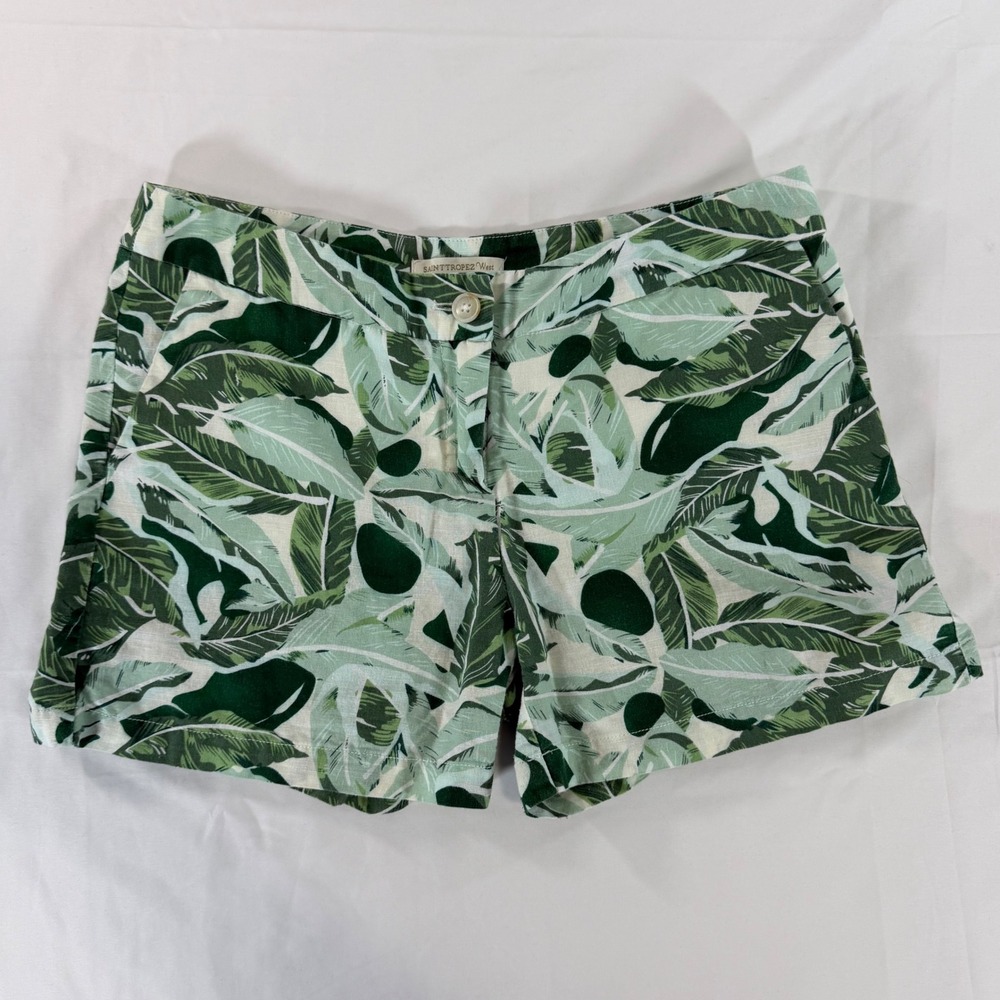 Saint Tropez West Green‎ Tropical Palm Leaf Linen Blend Shorts Womens Size 6